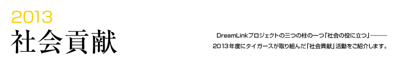 2013 社会貢献 -DreamLinkプロジェクトの三つの柱の一つ「社会の役に立つ」―――2013年度にタイガースが取り組んだ「社会貢献」活動をご紹介します。-